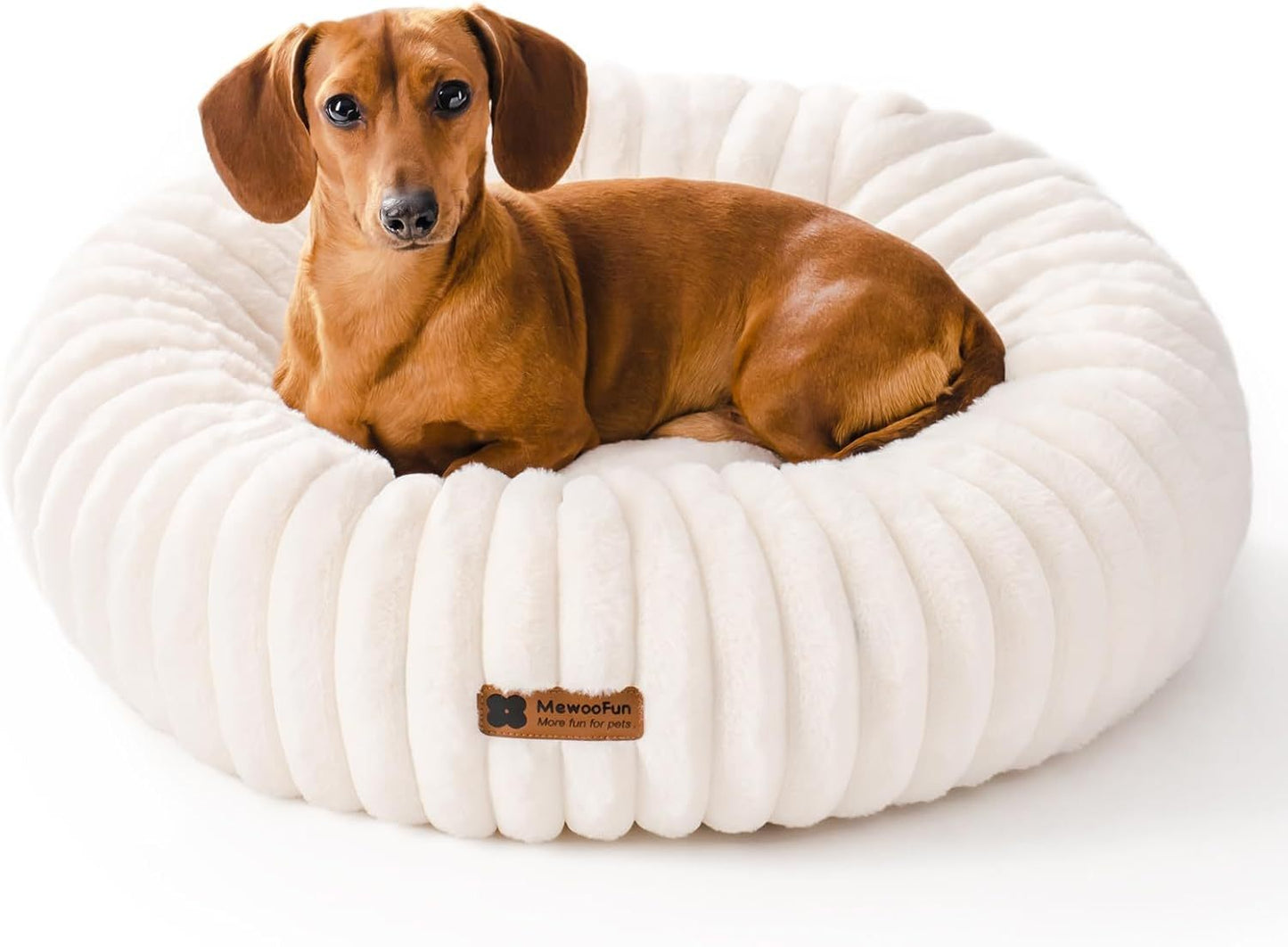 Cozy Sleep Donut Dog Bed For Small Dogs - Calming Round Fluffy Pet Bed With Non-Slip Bottom, Washable Puppy & Kitten Bed 25x25x7 Inch, Cream
