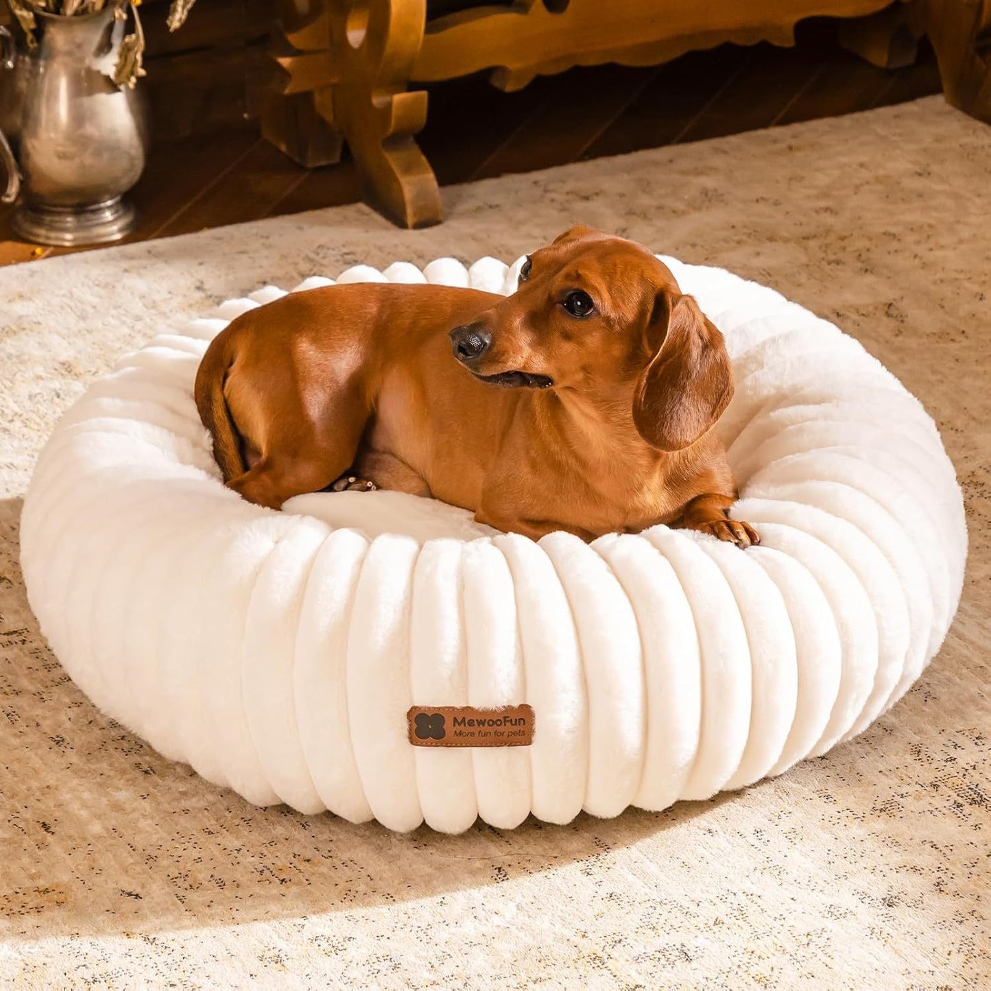 Cozy Sleep Donut Dog Bed For Small Dogs - Calming Round Fluffy Pet Bed With Non-Slip Bottom, Washable Puppy & Kitten Bed 25x25x7 Inch, Cream