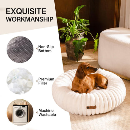 Cozy Sleep Donut Dog Bed For Small Dogs - Calming Round Fluffy Pet Bed With Non-Slip Bottom, Washable Puppy & Kitten Bed 25x25x7 Inch, Cream